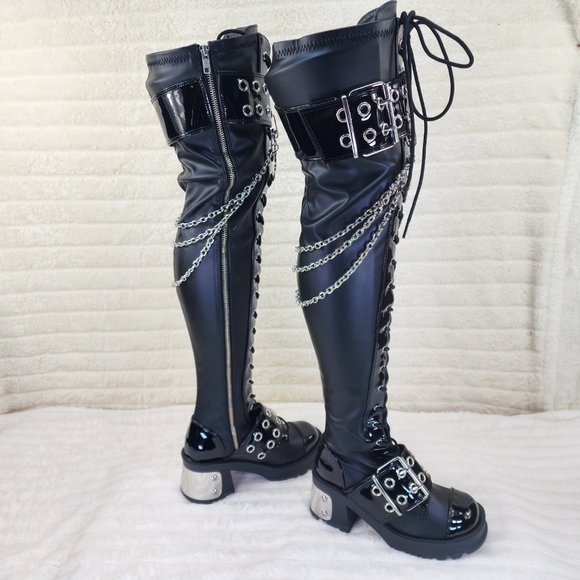 Bratty Big Buckle Strap Drape Chain Block Heel Stretch Thigh Goth Boots - Picture 11 of 15